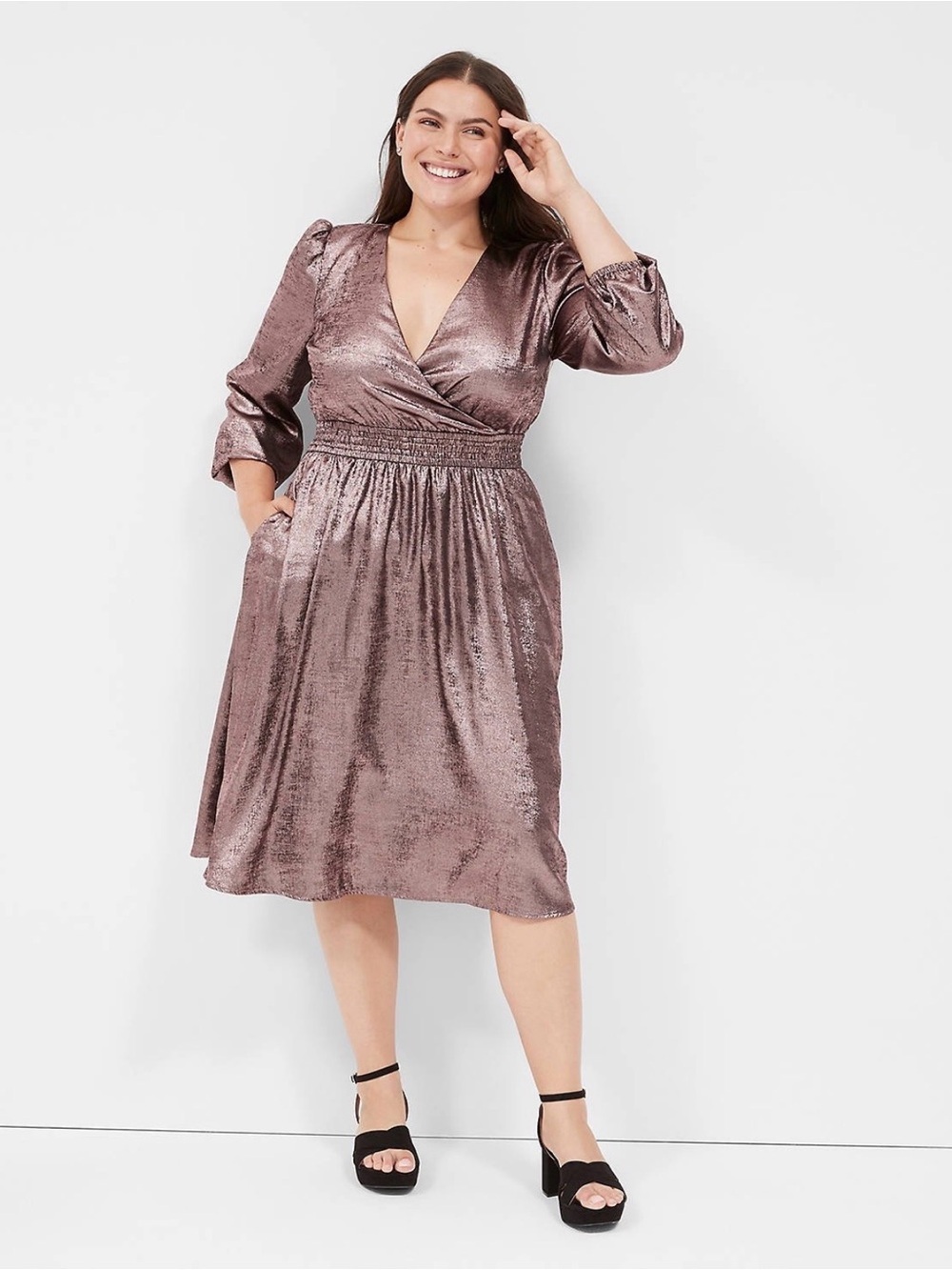 Lane Bryant Pink Metallic Blouson-Sleeve Surplice Midi Dress - New - Size 18/20